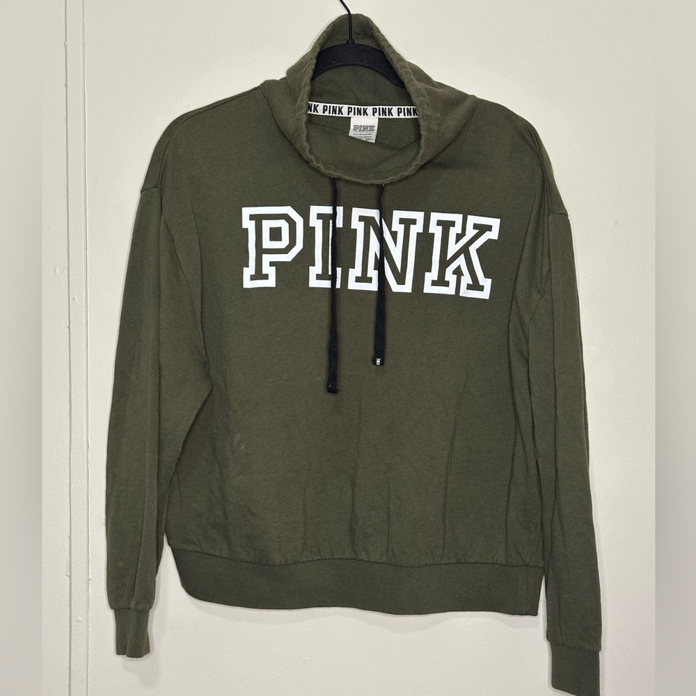 Olive Green and White PINK Logo Cowlneck Sweatshirt size small